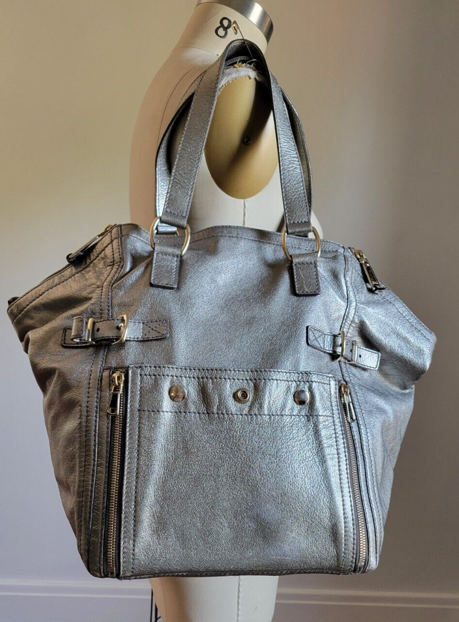 AUTENTICA BORSA YVES SAINT LAURENT Rive Gauche ARGENTO METALLIZZATO VERA PELLE