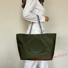 NWT Tory Burch 152313 Ella Chain Nylon Tote Olive Green Large Shoulder Bag