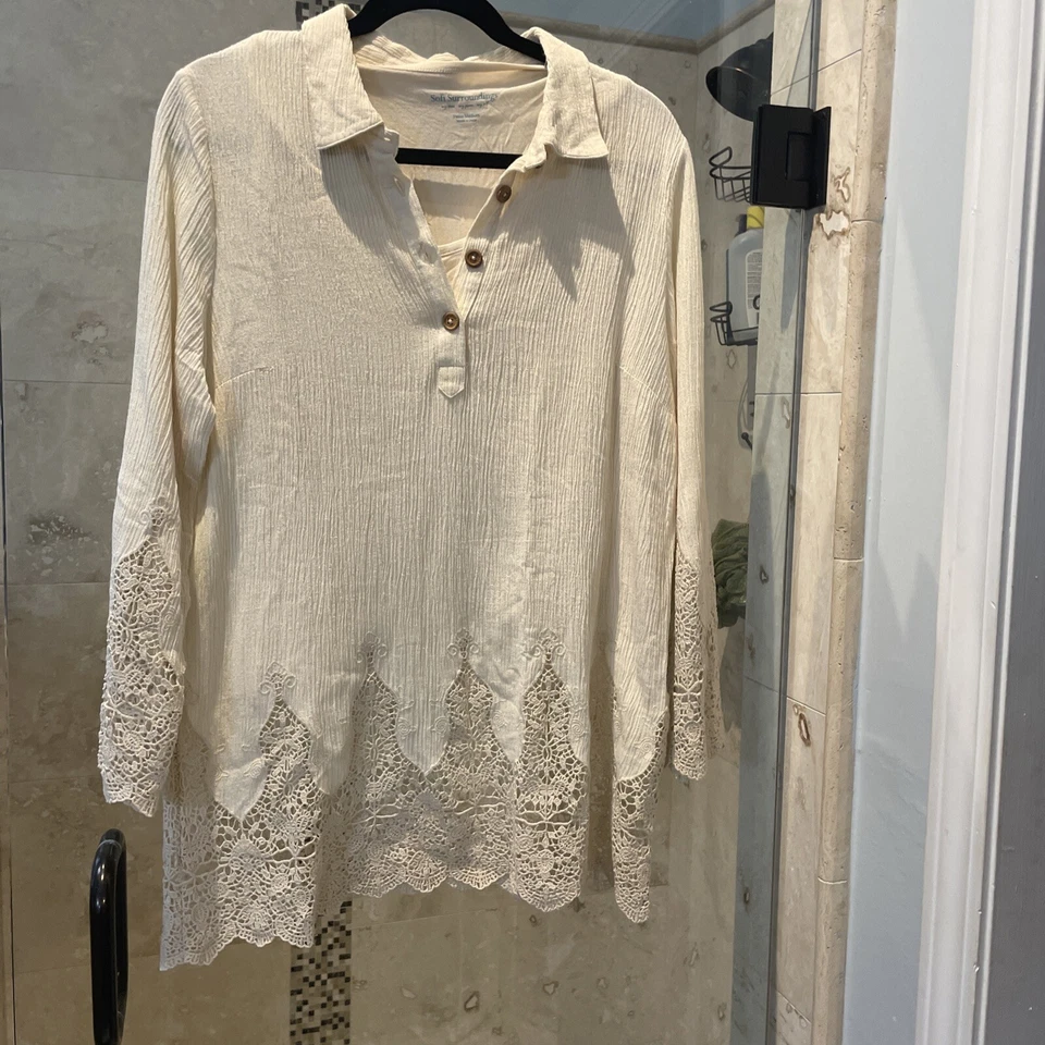 Conjunto de blusa túnica de gasa Jiada Soft Surroundings crema ganchillo encaje ribete pm m