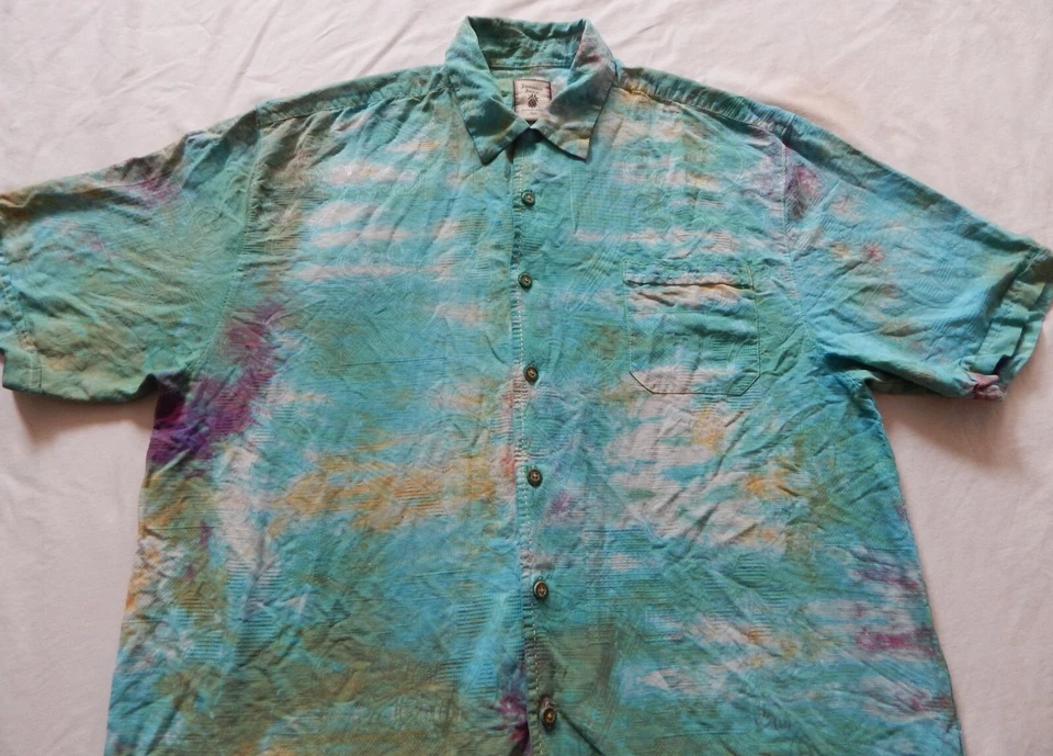 Camisa de seda tie dye azul verde a rayas abotonada - XL para hombre hecha a mano psicodélica Foto 3 de 4