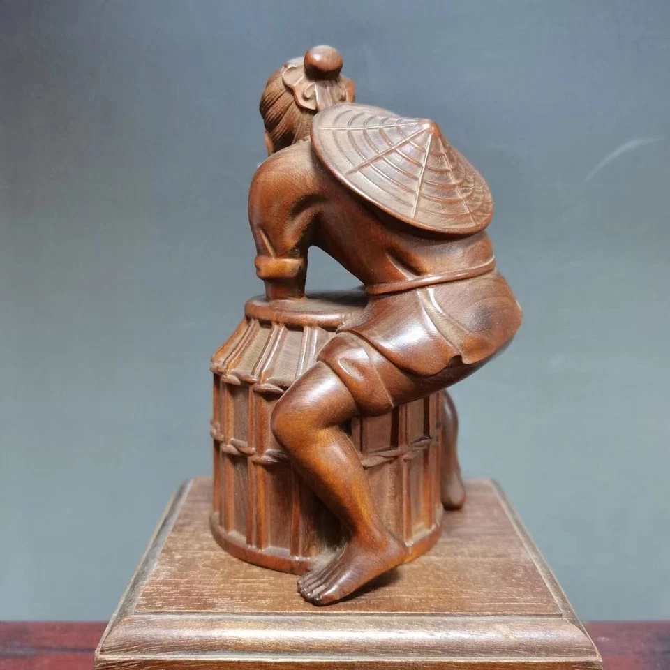 Antigua estatua china de carga completa tallada en boj 100*69 mm pescador tallado Foto 3 de 4