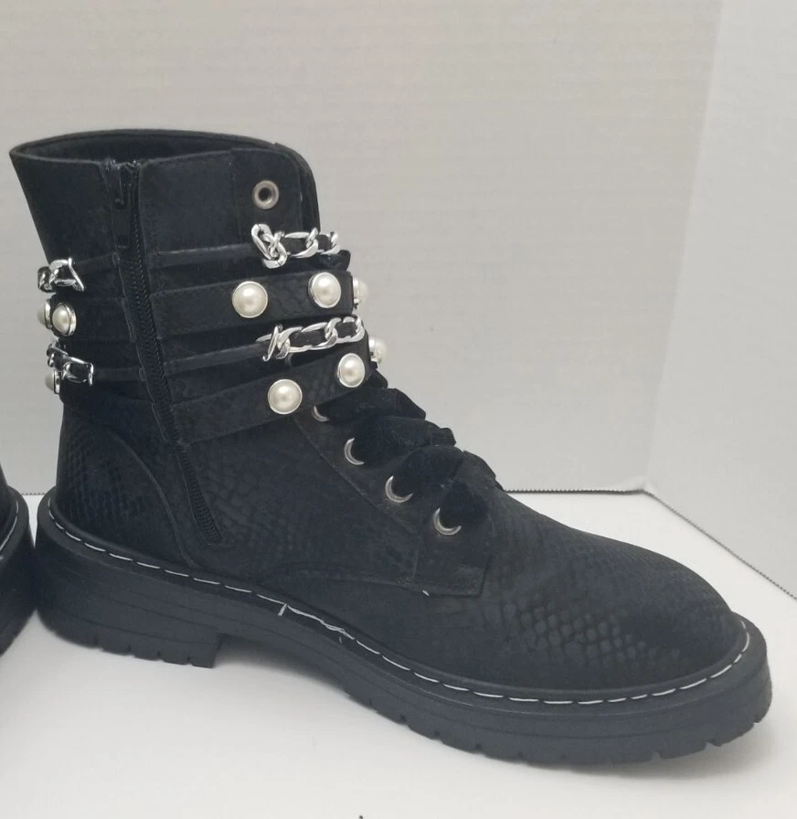 Botas al tobillo Sugar KADE negras de tela en relieve con cordones/crebilla lateral para mujer talla 10 M” Foto 3 de 4