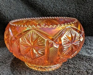 Antique Imperial Marigold Carnival Glass Rose Bowl in Star & File Pattern