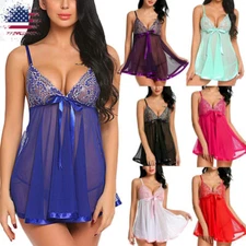 Sexy Women's Lingerie Sling Pajamas See-through Sleepwear Bow with Nightwear US