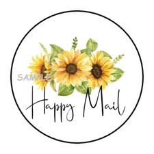 30 HAPPY MAIL SUNFLOWERS ENVELOPE SEALS LABELS STICKERS 1.5" ROUND