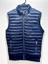 Tahari Puffer Vest Jacket Men's Small Navy Blue Polyester Sleeveless Full Zip