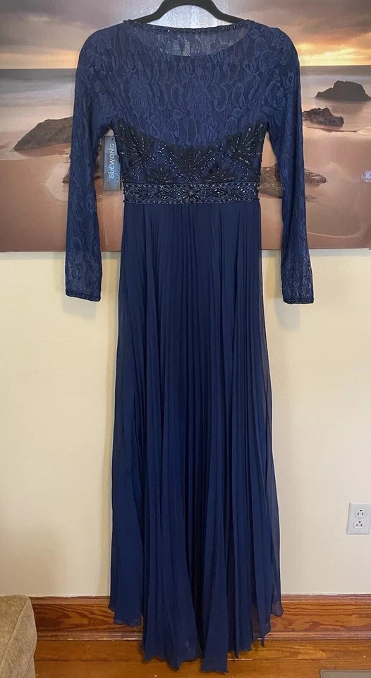 NWT Sue Wong Blue Chiffon Bead Empire Pleat Train Sheer Sleeve & Back Gown 2 NEW - Image 2 of 4