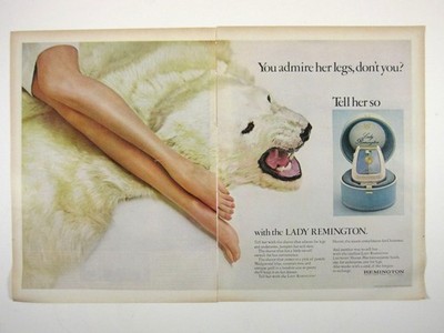 Lady Remington Vintage Ad Polar Bear Skin Rug Woman Legs Grooming Shaver 1965 AD