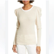 Frame Woman’s Puff Shoulder Cotton Cashmere Sweater in Oatmeal Size Small