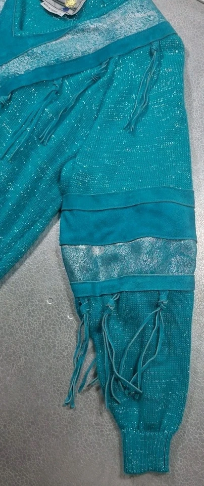 Suéter De Colección Años 80 Pioneer Wear Cuello en V Cuero Turquesa Flecos Para Mujer Talla Grande Foto 3 de 4