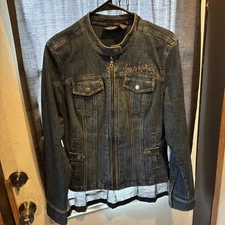 Harley-Davidson Embroidered Heart Eagle Rose Bling Rhinestone Denim Jacket Y2k L