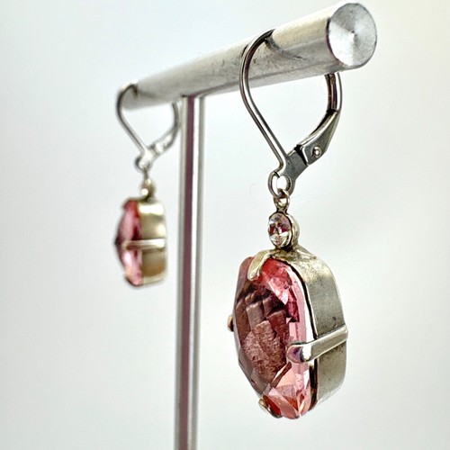 Silver Tone Pink Crystal Prong Set Dangle Earrings Size 1" Length - Picture 2 of 9