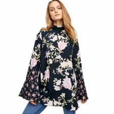 NWT Free People Tate Tunic/Mini Dress Open Back Tie Neck Floral Bell Sleeves XS