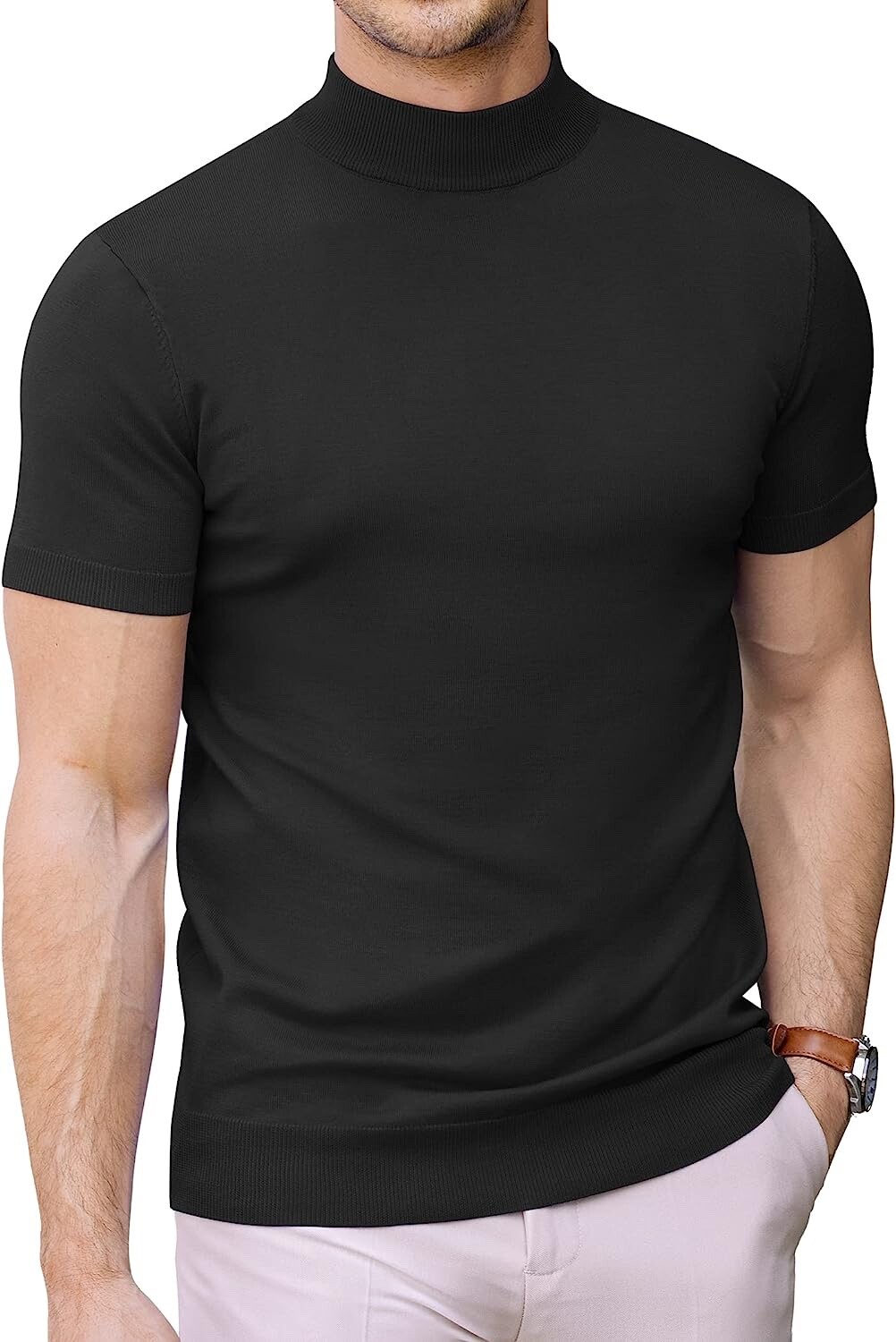 Coofandy Men's Slim Fit Mock Neck Sweater Black Short Sleeve NWT eBay