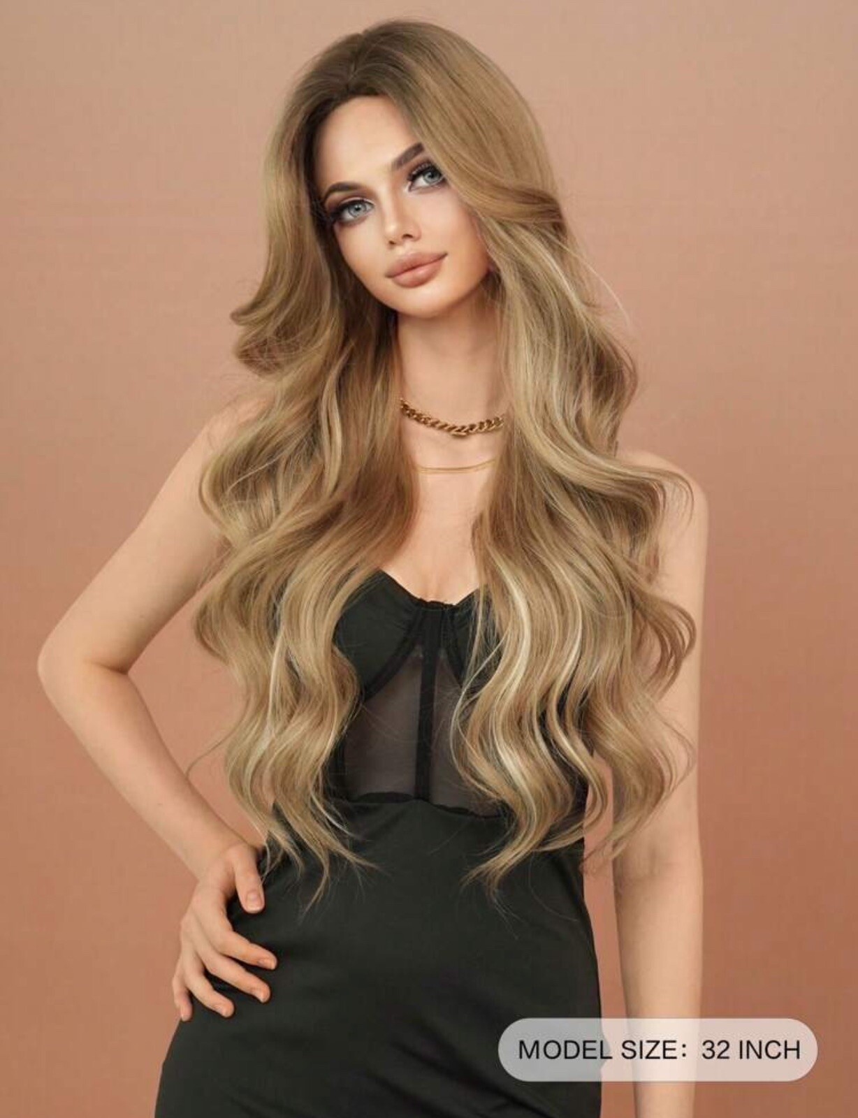 Perruque synthétique longue brune bouclée avec 4 bonnets inclus