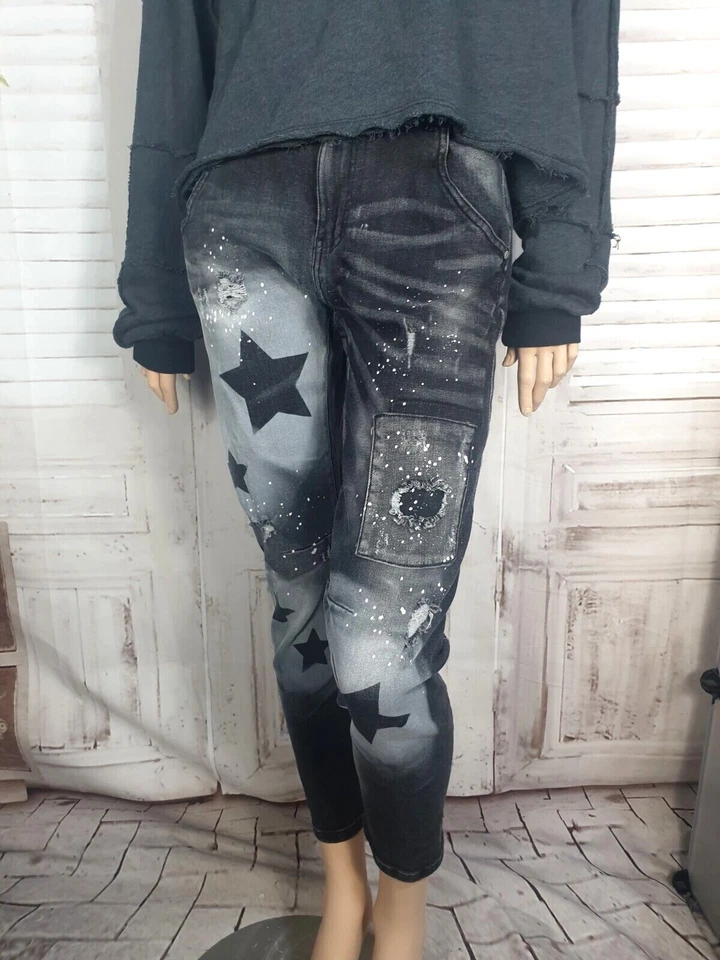 💋Sexy Woman coole Jeans Baggy Boyfriend grau mit Sternen Flicken Risse Gr.S - Bild 3 von 4