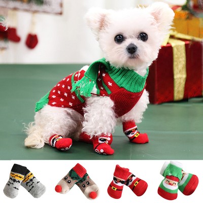 Christmas Pattern Foot Covers Puppy Knitted Paw Protector Dog Cat Socks Cute