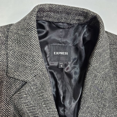 Express Herringbone Coat Mens M 38R Wool Blend Overcoat Jacket Tweed Gray Black - Picture 6 of 24
