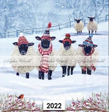 (2022) TWO Paper LUNCHEON Decoupage Art Craft Napkins - CHRISTMAS SHEEP FLOCK