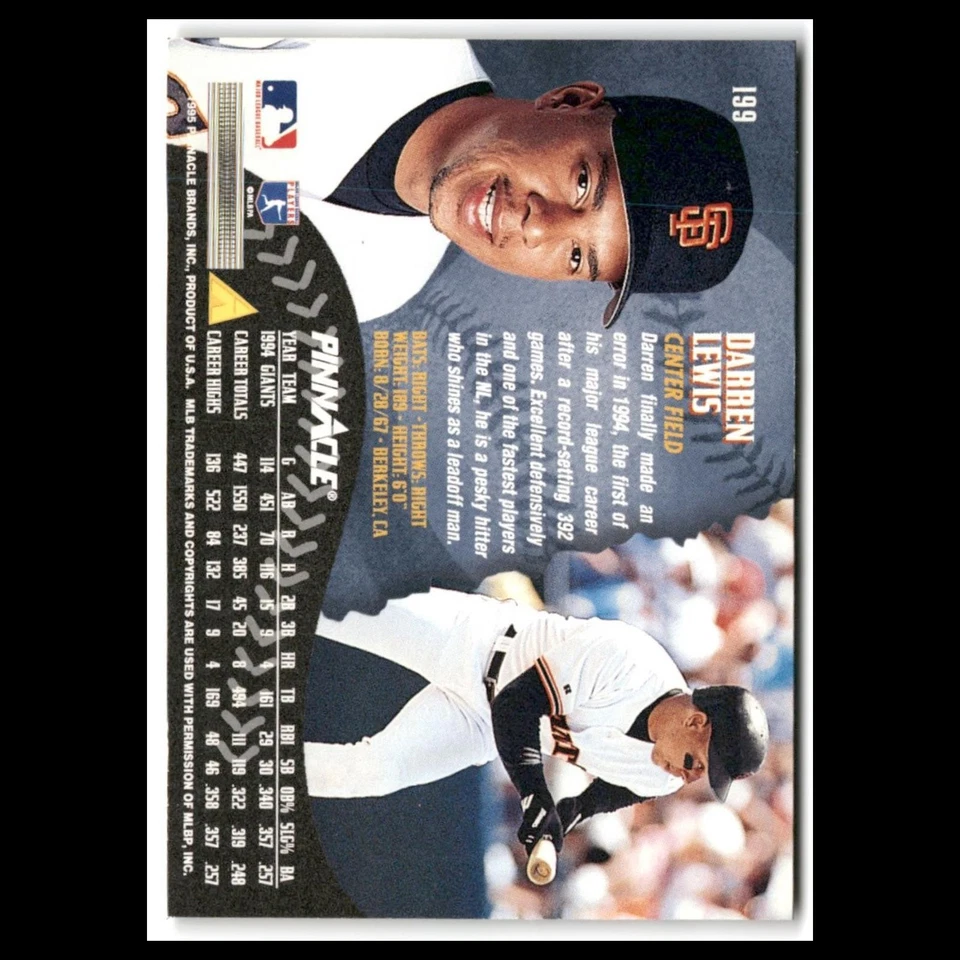 Darren Lewis #199 1995 Pinnacle San Francisco Giants Baseball Card MLB NM - Image 2 of 3