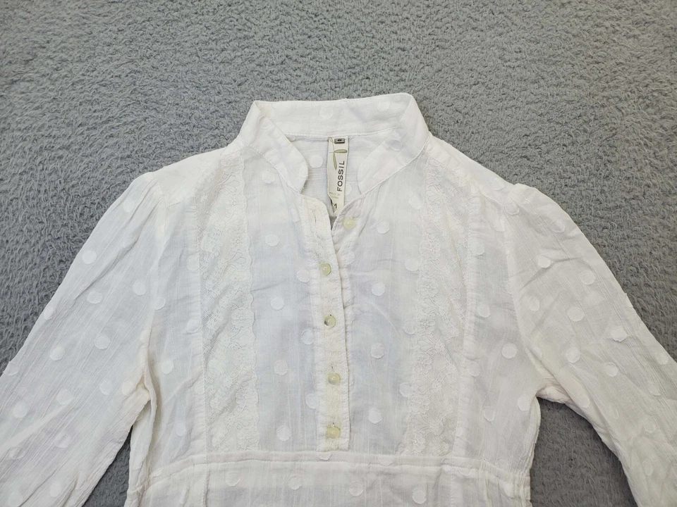 Blusa Top Fossil Mujer Mediana Blanca Lunares Algodón Manga 3/4 Botón Delantero Foto 3 de 4