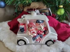 Robert Stanley Golf White Cart Santa Glass Blown Christmas Tree Hanging Ornament