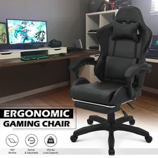Black Gaming Racing Chair[LUMBAR SUPPORT+FOOTREST]Office Swivel Reclinable Seat