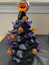 Halloween Black Pumpkin Tree 7” Ceramic Battery Operated Light Up Table Top