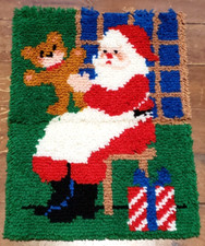 Vintage Latch Hook Rug Santa Claus with Teddy Bear Present Christmas 18"x24"