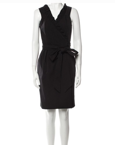 DVF Diane Von Furstenberg Wrap Dress Hampton Black Ruffle V Neck Pockets Size 4 - Picture 2 of 7