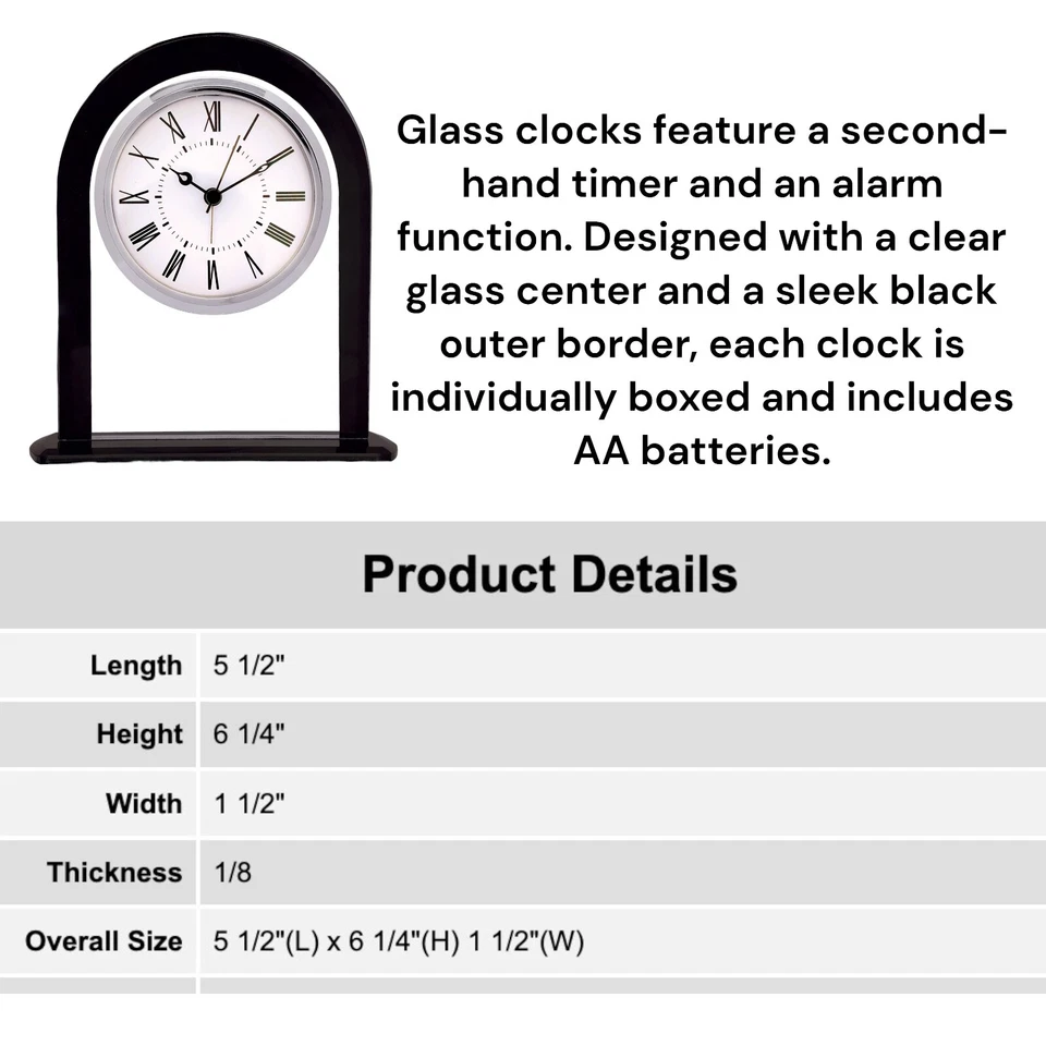 Black and Clear Glass Arch Clock, Office Modern Clock Gift for Boss, 6 1/4"H - Image 2 of 4