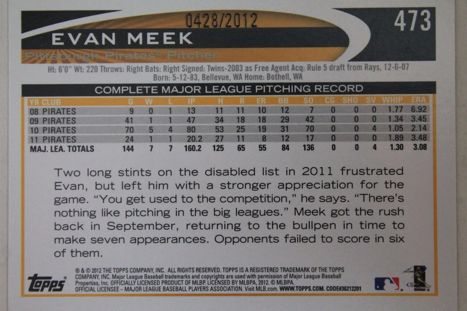 Pittsburgh Pirates Evan Meek Signed 2012 Topps Autograph Card #473 GOLD 106 - Image 2 of 3