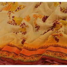 Sanskriti Vintage Saree Orange-Cream Pure Crepe Floral Printed Sari 5 Yd Fabric