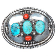 Vintage Navajo sterling silver, turquoise, coral belt buckle southwestern