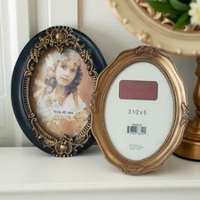 Vintage Dark Blue & Gold Tone Oval Picture Frames – Set of 2