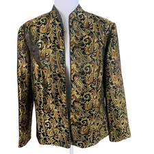 Vintage Metaphor Size L Blazer Black Gold Jacquard Paisley Open Front Jacket