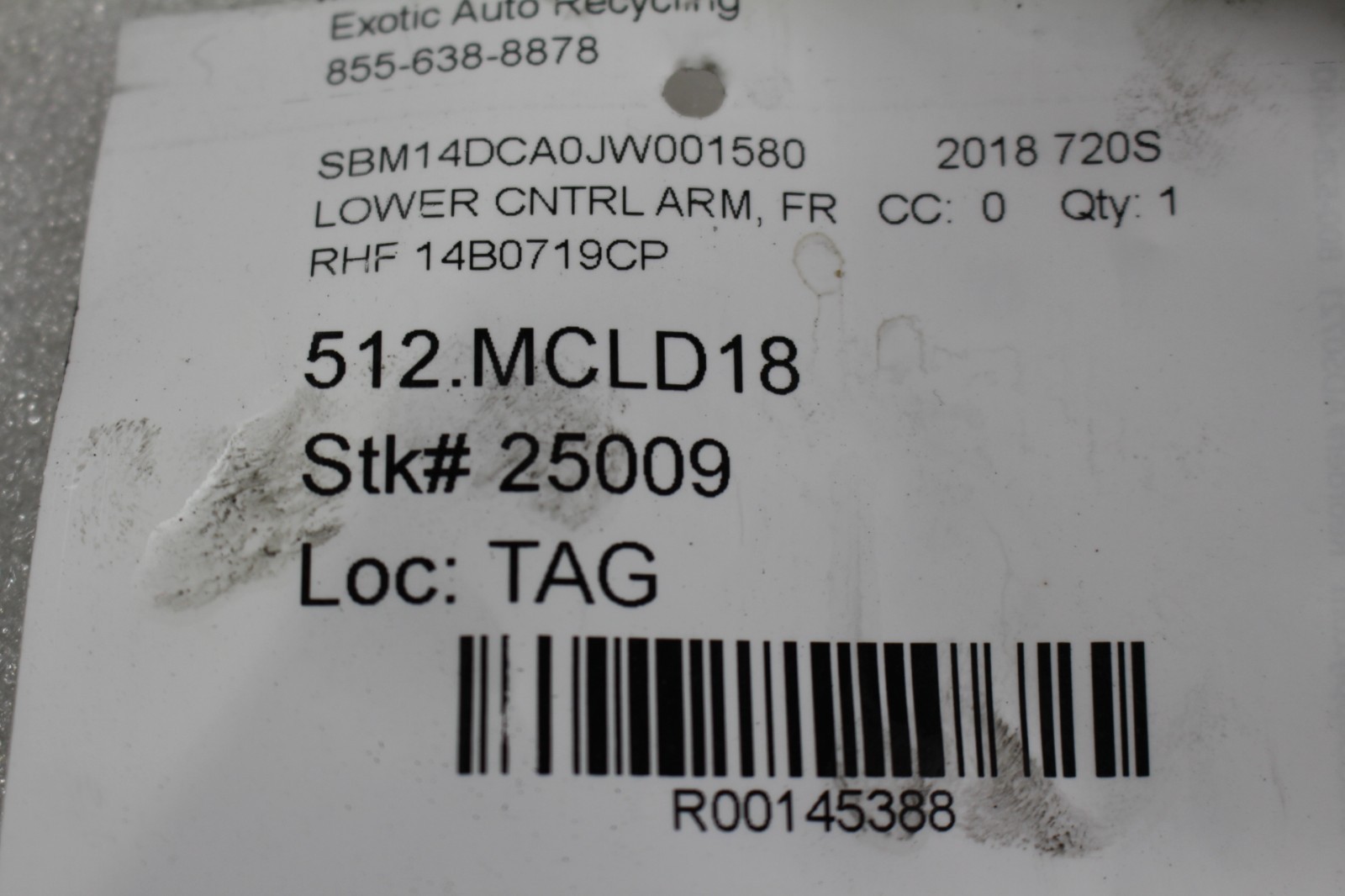 McLaren 720S, RH, Right, Front Lower Control Arm, Dmg, Used, P/N 14B0719CP
