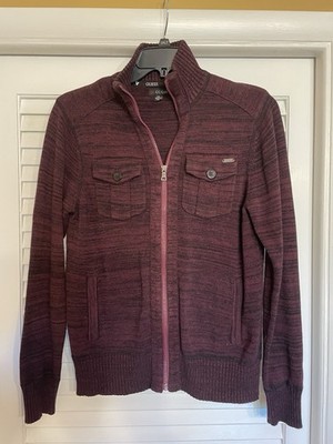 Guess Mens Sweater Large Plum Full Zip Mock Neck Long Sleeve Cardigan Old Money
