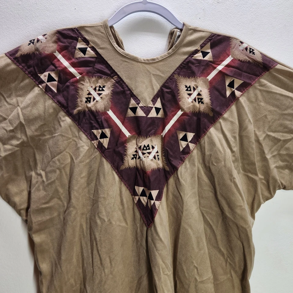 Vestido de lona vintage feito à mão com tema nativo americano SW design tribal e franja - Imagem 2 de 4