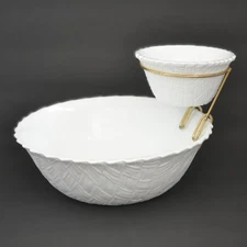 Indiana Glass Chip and Dip Bowl Set White Milk Glass Basketweave Metal Clip