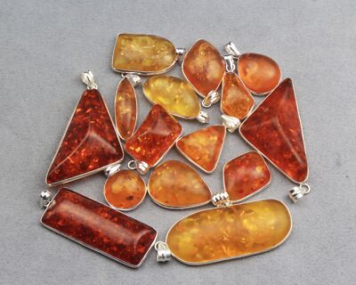 Pendant 20 Pcs Amber Crystals Silver Overlay Handmade Jewelry P-083