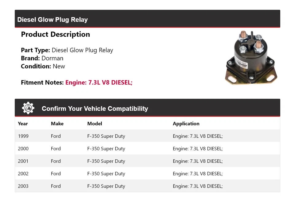 Relé de bujía incandescente diésel Dorman para Ford F-350 Super Duty 1999-2003 2000 2001 2002 Foto 2 de 4