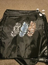 New Feather, Black Drawstring Bag. 