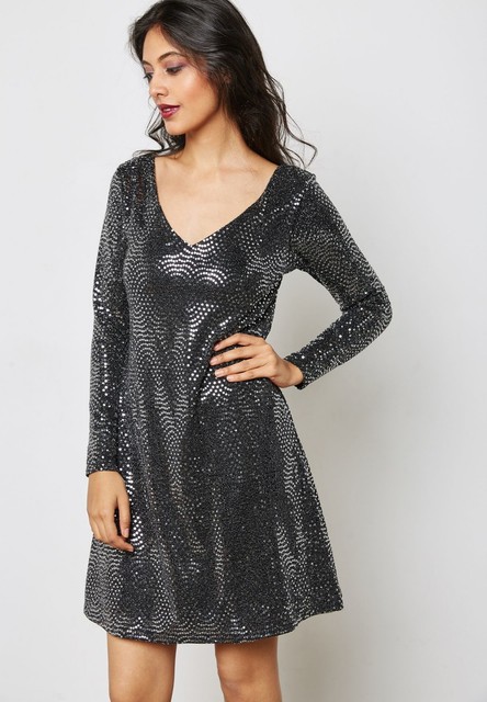 sequin skater dress with sleeves