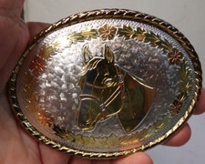 HORSE HEAD 3 Color Flower Belt Buckle Marked W USA 3.75" x 2.75" 1.5"belt
