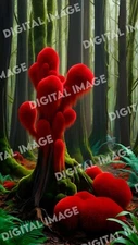 Digital Art Red Moss in Forest Whimsical Nature Scene, Vivid Colors, High-Detail