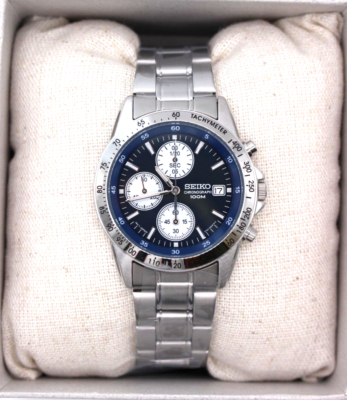 SEIKO SND365PC Chronograph Quartz Watch Men Silver Dial Stainless