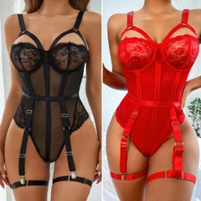 Sexy Lingerie Women's Babydoll Teddy Bodysuit Set Sleepwear Garters Nightgown US