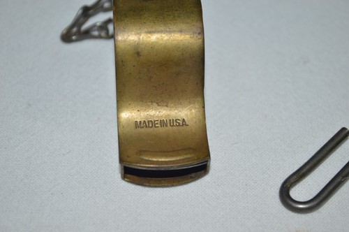 Vtg Solid Brass Standard Military Whistle Chain & Pocket Hook Cork Pea Ball USA - Picture 4 of 6