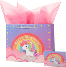 12.6" Large Gift Bags with Tissue Paper for Girls Birthday Pink Unicorn Happy Bi